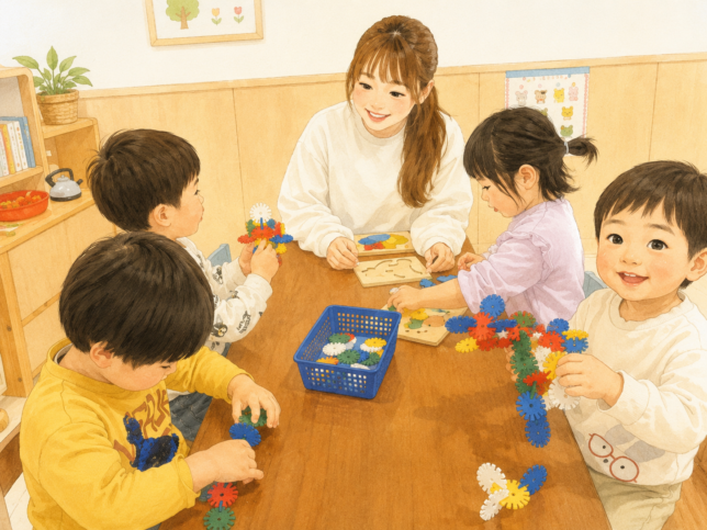先生と子どもたちがテーブルを囲んで組み立ておもちゃで一緒に遊ぶ、あたたかい雰囲気の保育室のイラスト