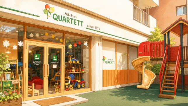 すべり台や遊具が並ぶ、おもちゃと絵本の専門店「カルテット」の店舗外観イラスト