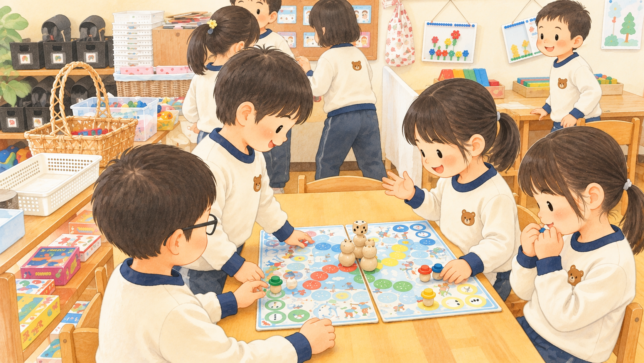 子どもたちがすごろくで遊ぶ保育室のイラスト