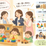 保育環境診断の流れ（現況確認〜研修・フォロー）を示す全体像イラスト
